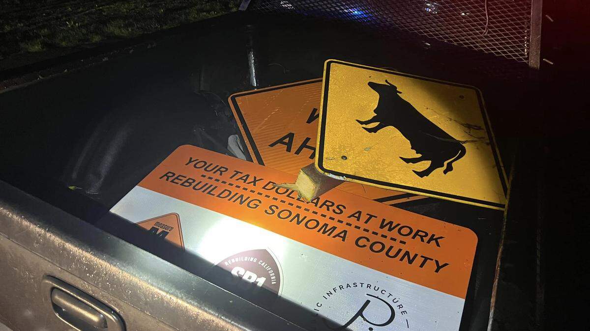 A pickup truck found stuck in the mud near Santa Rosa yielded a hoard of road signs cut down “for fun,” California cops say.