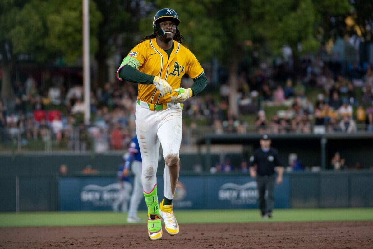 Athletics outfielder Lawrence Butler (4) rounds the bases after a homer against Texas Rangers pitcher Patrick Corbin in the third inning at Sutter Health Park in West Sacramento on Tuesday.