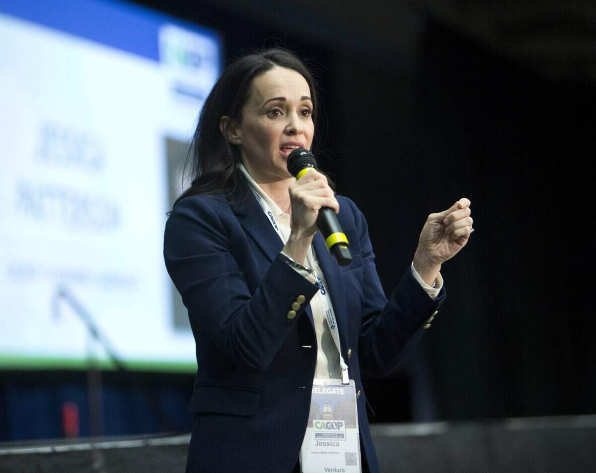 Jessica Millan Patterson speaks to delegates after being nominated to head the California Republican Party during its 2019 convention in Sacramento.
