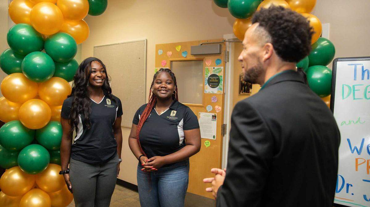 Sacramento State President Luke Wood meets with student leaders at the campus’ Martin Luther King Jr. Center during Wood’s tour on campus on July 18, 2023. More Black and African American students study at Sacramento State than at any campus in the 23-campus Cal State system, according to Wood.