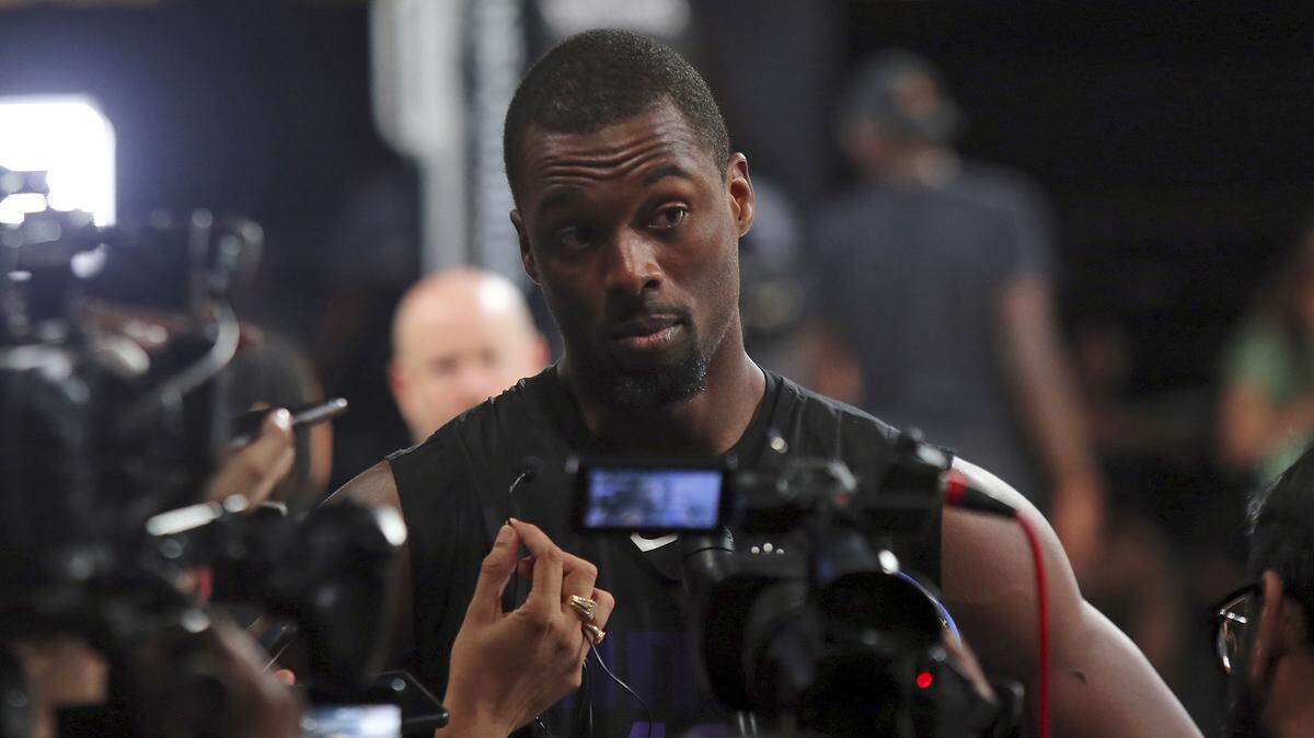 Sacramento player Harrison Barnes speaks to the media after a practice ahead of their game against Indiana Pacers in Mumbai, India,