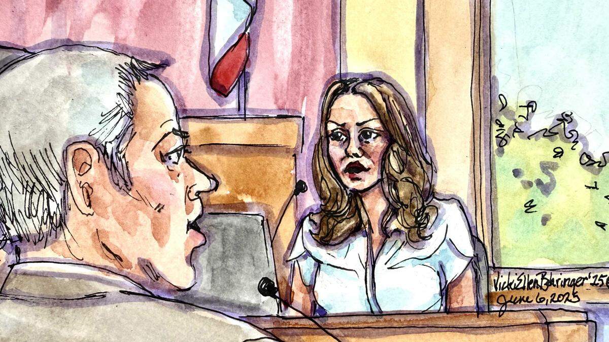 Samantha Scott testifies at the Auburn Historic Courthouse on Friday, June 6, 2025, describing her role in events surrounding the 2021 Lake Tahoe-area shootings for which Daniel Serafini is on trial. The 51-year-old former MLB player is accused of murder in connection with a reported burglary at the home of the married couple, Robert Spohr, 70, and Wendy Wood, 68.