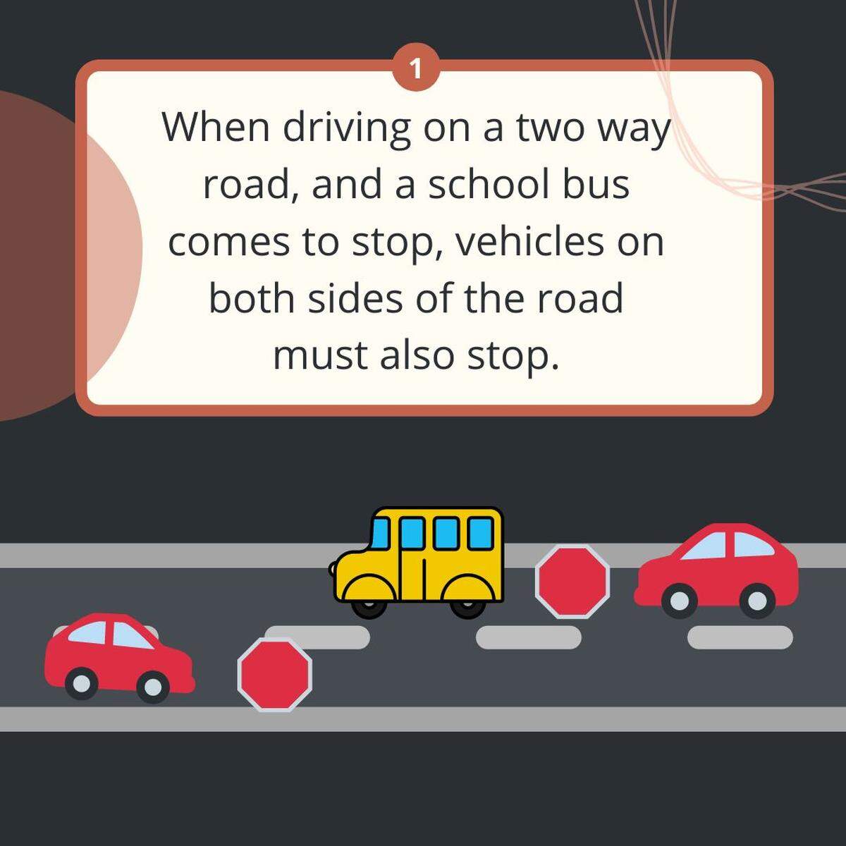 Drivers going both directions must halt for stopped school buses when lights are flashing and the sign is extended on two-way roads, even when there is a middle turn lane. 