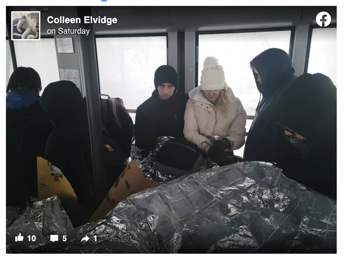 Passengers await rescue after being stranded overnight in a tram car on Sandia Peak in New Mexico by icy weather.
