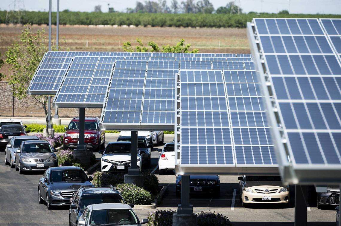 Solar panels in the parking lot of El Capitan High School in Merced in 2022. On Thursday, May 25, 2023, Gov. Gavin Newsom announced a detailed strategy to bolster renewable power in the state while preventing rolling blackouts during high-demand periods.