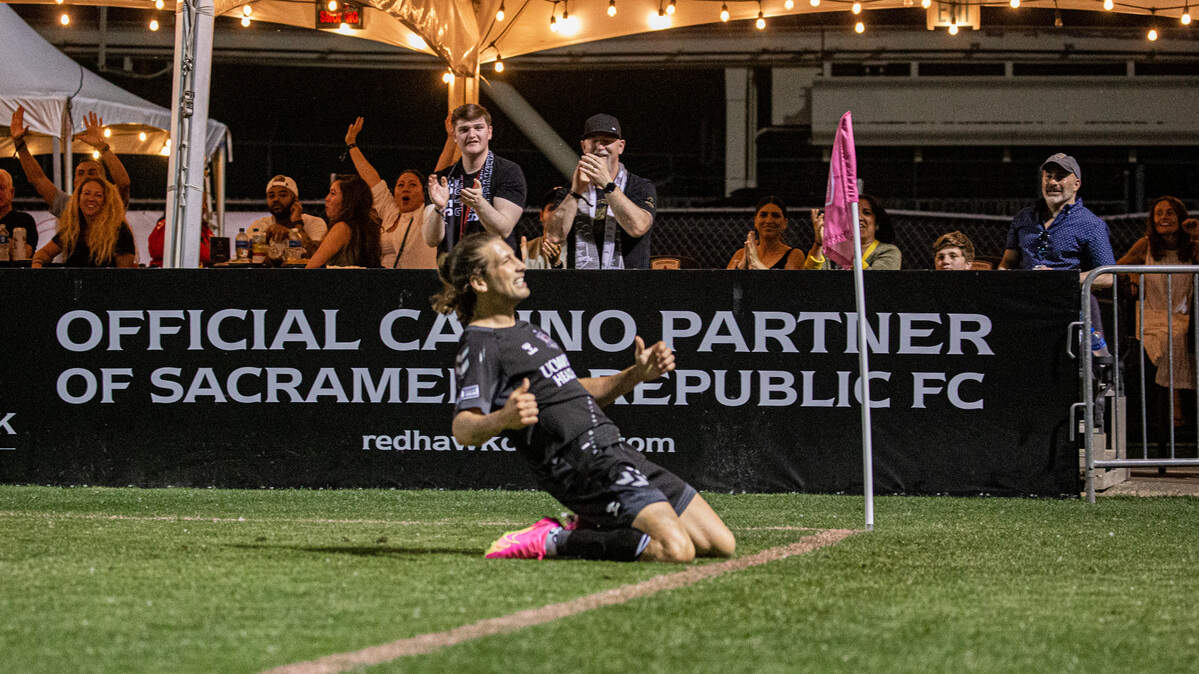 Sacramento Republic FC forward Russell Cicerone celebrates a hat-trick performance in a 3-1 victory over Indy Eleven on Saturday, May 13, 2023, at Heart Health Park in Sacramento, California.