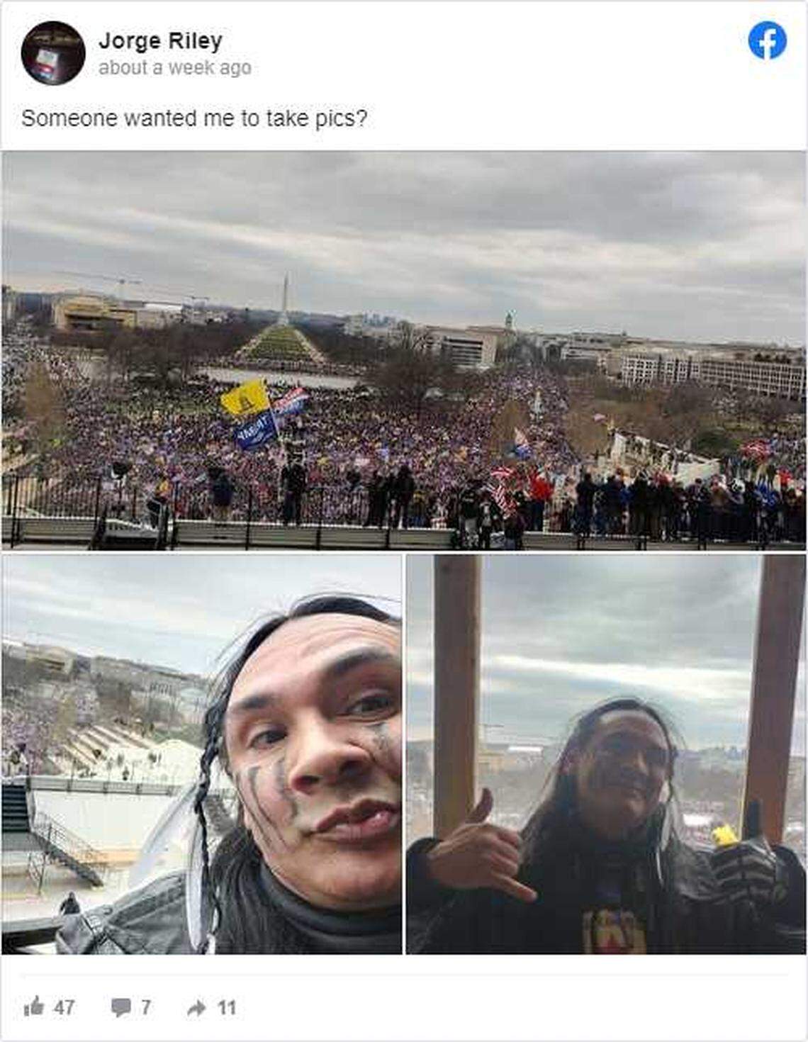 Images posted to his Facebook account show Sacramento man Jorge Riley at the U.S. Capitol during an insurrection by pro-Trump supporters on Jan. 6, 2021. A video on Reddit shows Riley describing how he entered the Capitol and the office of House Speaker Nancy Pelosi.