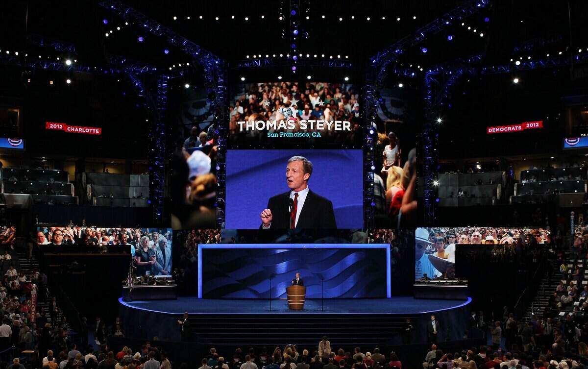 CHARLOTTE, NC - SEPTEMBER 05:  Co-Founder of Advanced Energy Economy Tom Steyer speaks during day two of the Democratic National Convention at Time Warner Cable Arena on September 5, 2012 in Charlotte, North Carolina. The DNC that will run through September 7, will nominate U.S. President Barack Obama as the Democratic presidential candidate.  (Photo by Alex Wong/Getty Images)