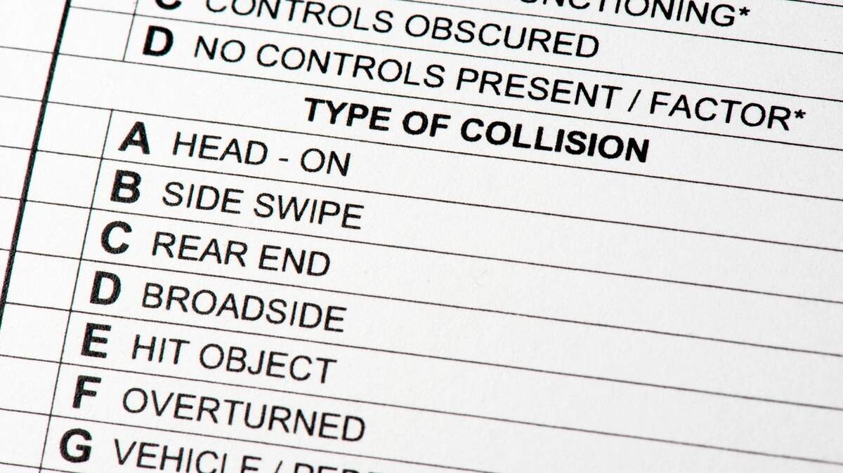 A close up of a police traffic collision report indicating the type of contact had been made between the vehicles.