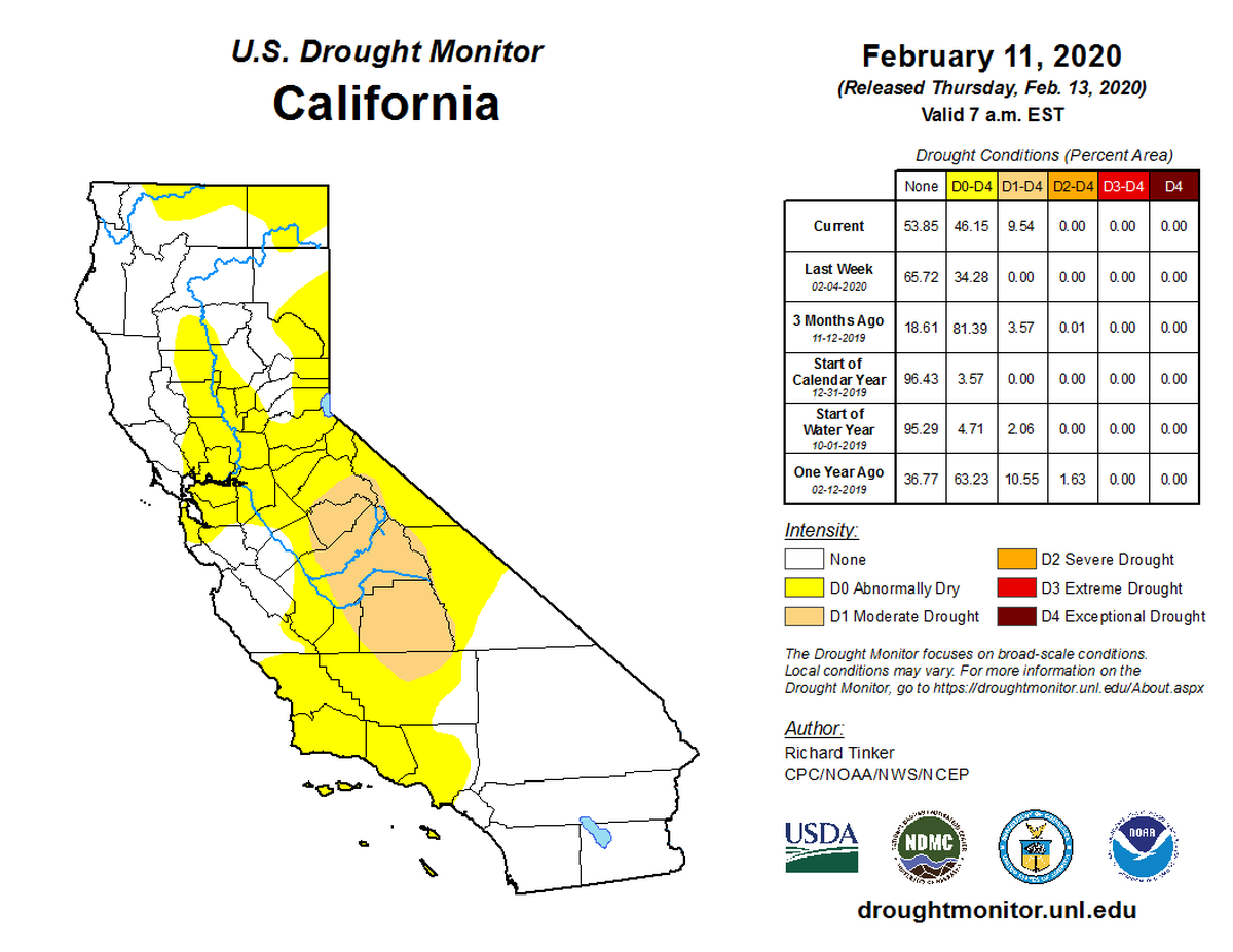 The federal drought monitor, in the latest map of drought conditions nationwide, shows nearly half of California in either “abnormally dry” or moderate drought conditions due to a lack of rain this winter.