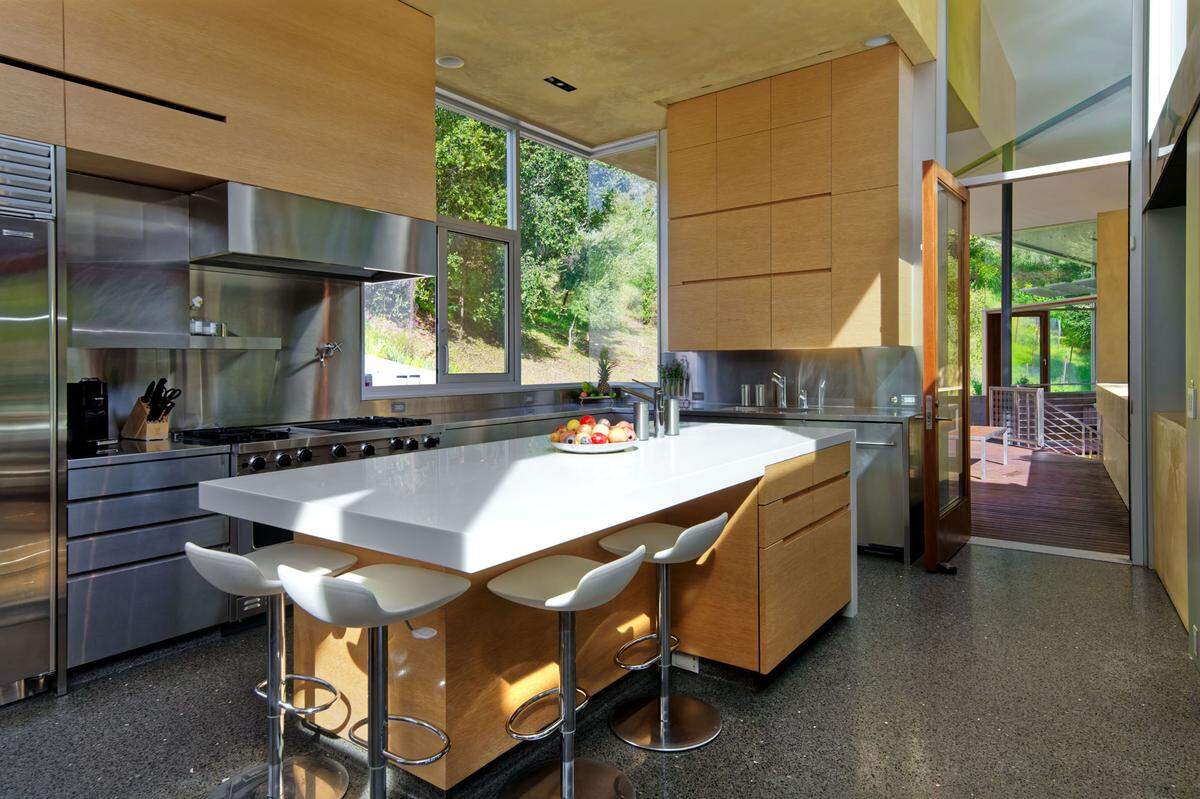 The stainless steel gourmet kitchen.