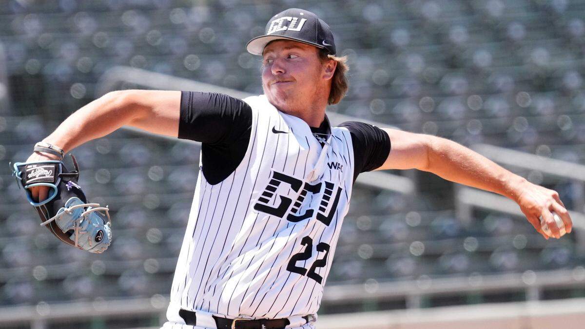 GCU Lopes’ Grant Richardson (22) pitches against Tarleton State during a WAC Tournament game in May 2024, in Mesa, Ariz. The Athletics selected Richardson in the sixth round with the 170th overall pick in the 2025 MLB draft.