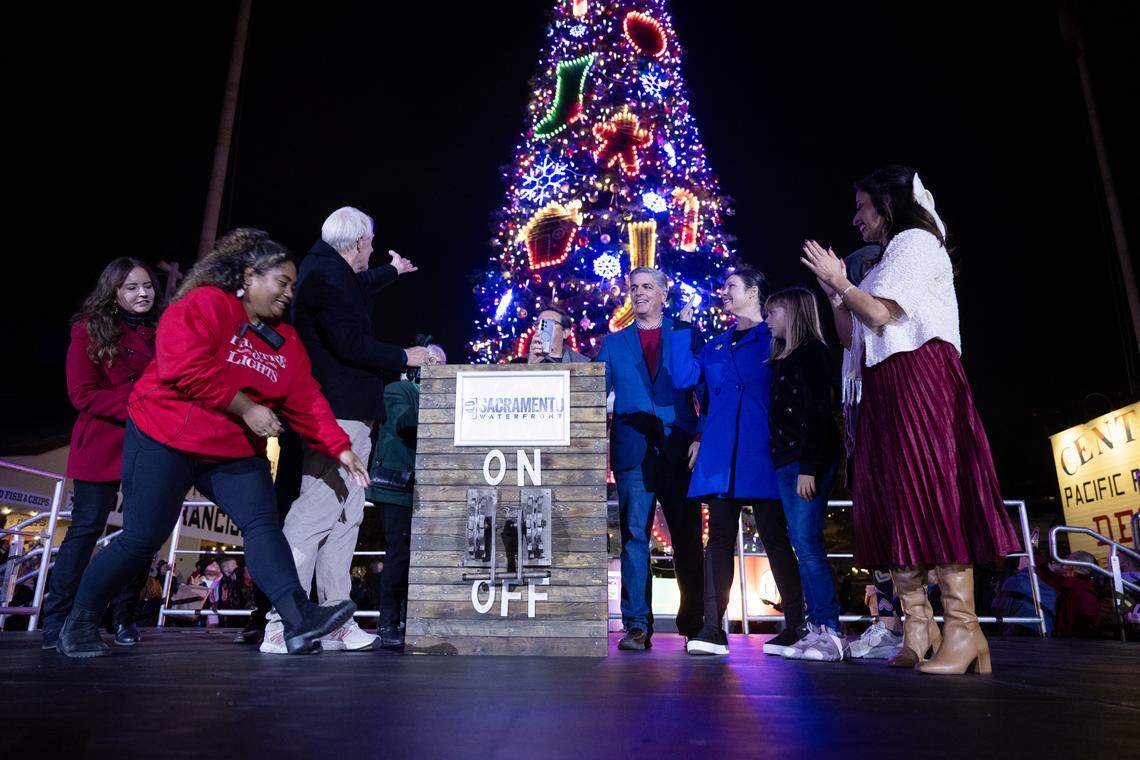The Christmas tree is lit at the 17th annual Theatre of Lights tree lighting ceremony in Old Sacramento on Wednesday.
