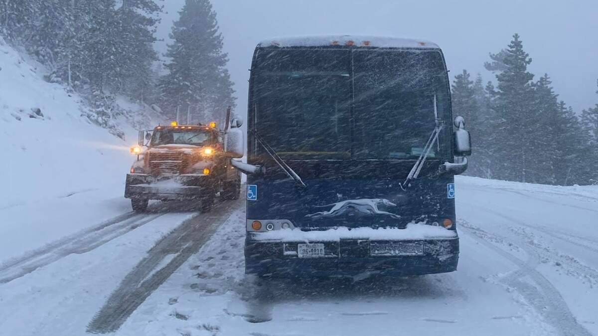 A Greyhound bus is seen abandoned on Interstate 80 near Truckee,on Thursday.
