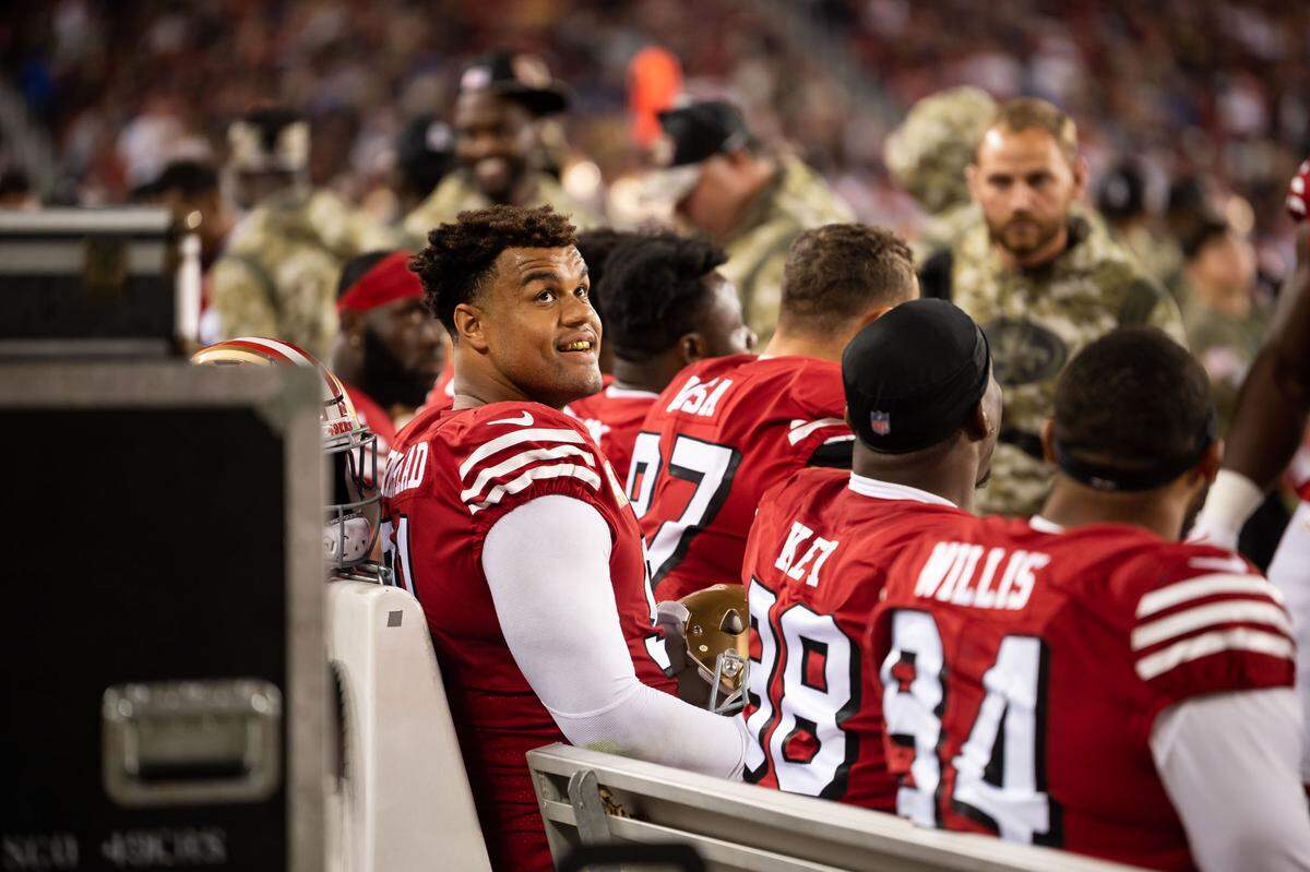 San Francisco 49ers defensive end Arik Armstead (91) looks up at a screen as the team leads Los Angeles Rams during the second half of the NFL “Monday Night Football” game Nov. 15, 2021, at Levi’s Stadium in Santa Clara.