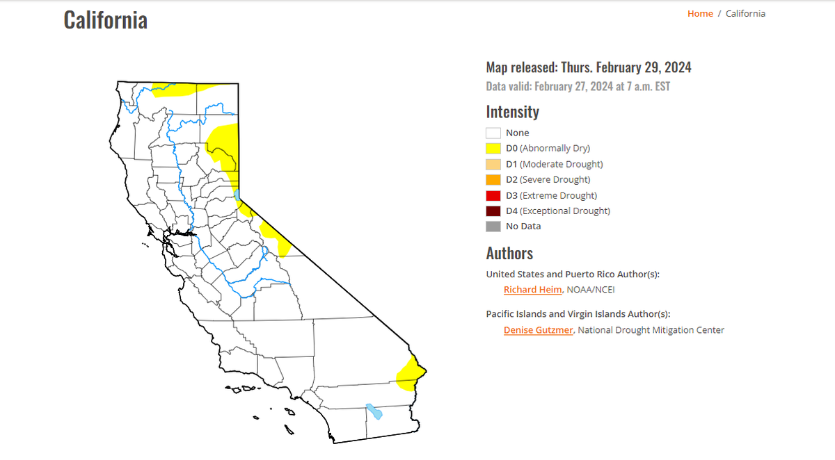 The U.S. Drought Monitor reported roughly 7% of California had “abnormally dry” conditions as of Thursday, Feb. 29, 2024.