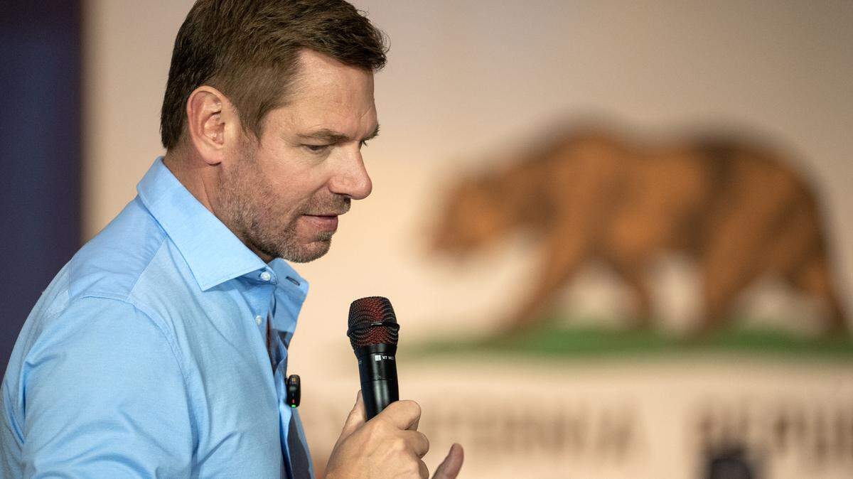 Rep. Eric Swalwell at a campaign stop at the Scottish Rite Masonic Center on Tuesday, April 7, 2026, in Sacramento.