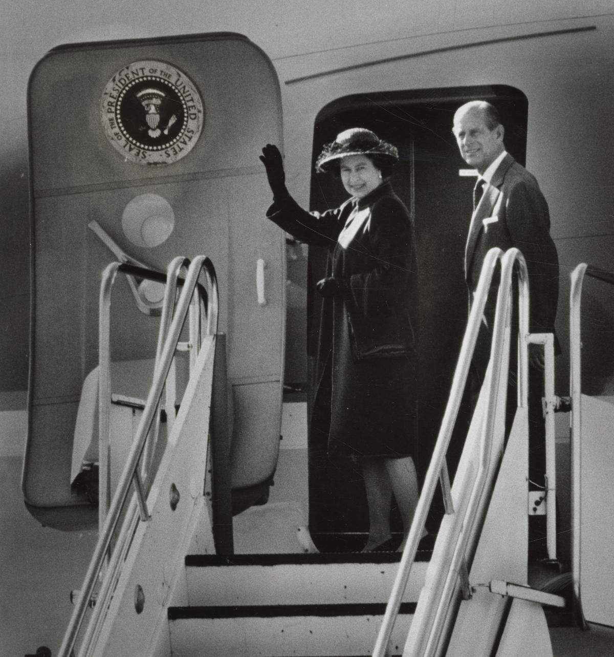 Queen Elizabeth II and Prince Philip depart Sacramento on Air Force II for San Francisco on March 4, 1983.