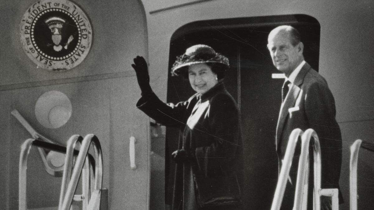 Queen Elizabeth II and Prince Phillip depart Sacramento on Air Force II for San Francisco on March 4, 1983.
