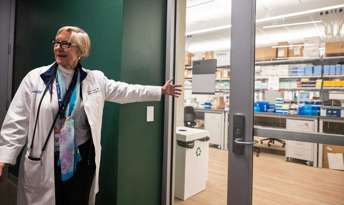 Dr. Diana Farmer, chair of the UC Davis department of surgery and a fetal and neonatal surgeon, presents a new lab space at Aggie Square in Sacramento on Friday.