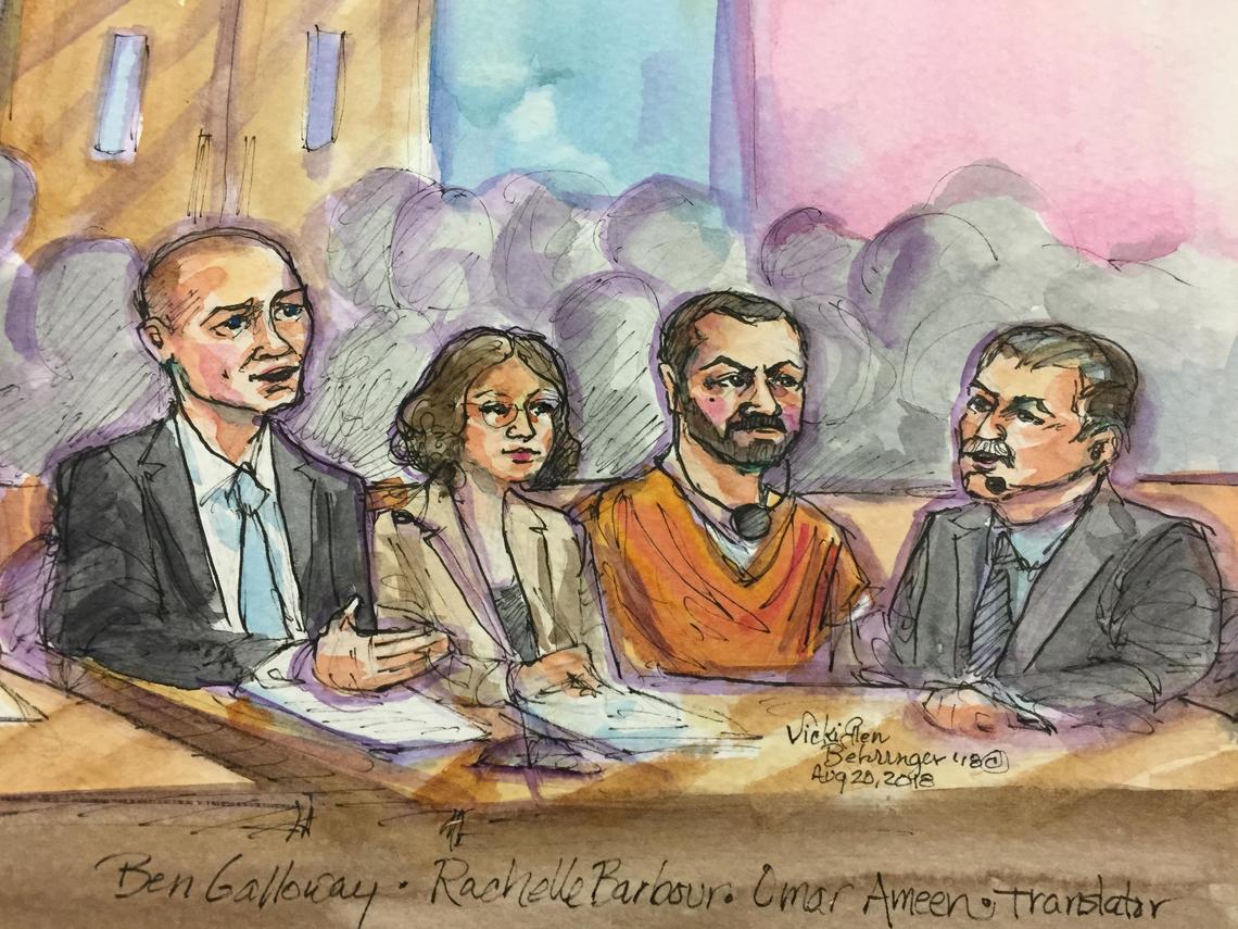 Federal defenders Ben Galloway and Rachelle Barbour, left, asked for a postponement for the case of Omar Ameen, center, in court on Monday, Aug. 20, 2018. Ameen’s translator sits at right.