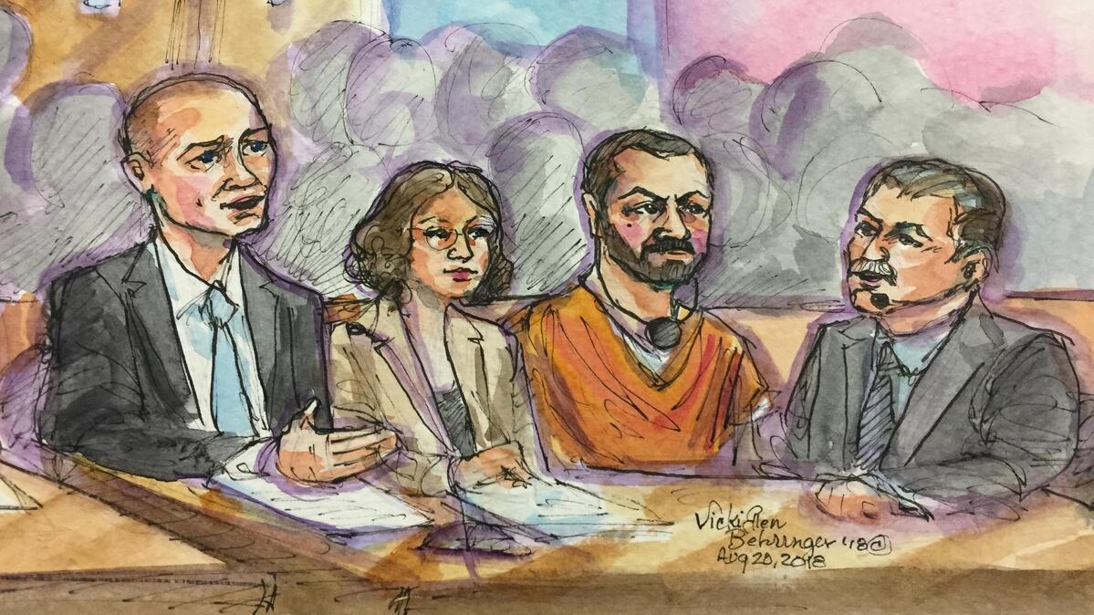 Federal defenders Ben Galloway and Rachelle Barbour, left, asked for a postponement for the case of Omar Ameen, center, in court on Monday, Aug. 20, 2018. Ameen’s translator sits at right.