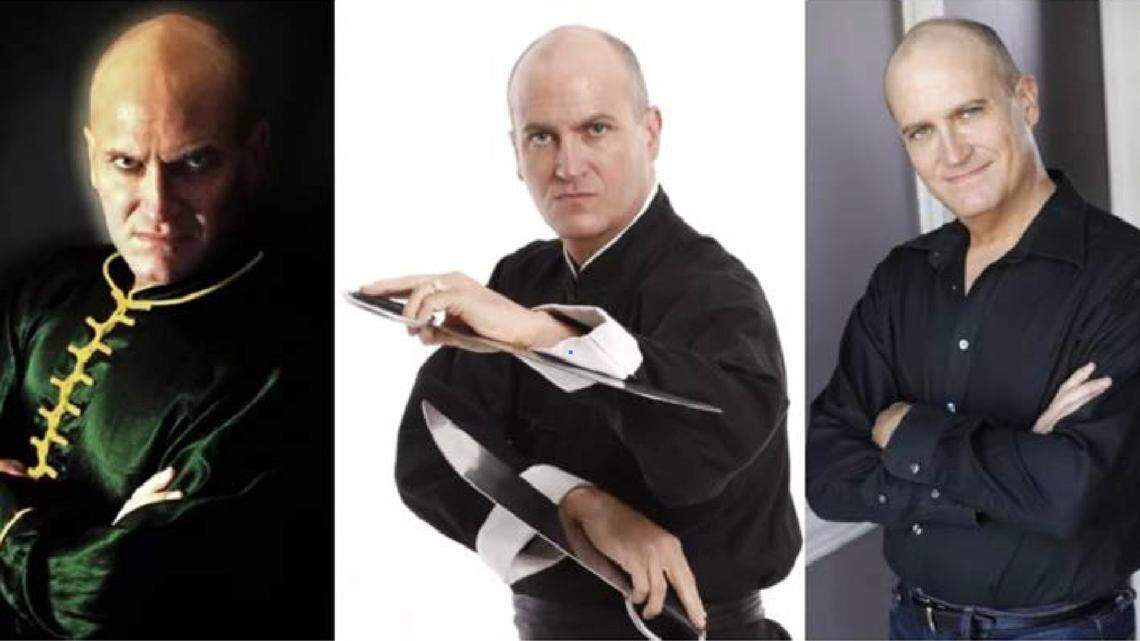 An image from a California Department of Education document shows state school official Craig Heimbichner in several outfits. The caption describes him as a martial artist, producer, screenwriter, actor and fight choreographer.