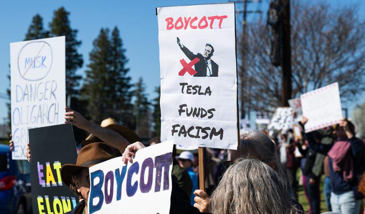 Demonstrators rally against Elon Musk at a Tesla dealership on Arden Way near Sacramento on Saturday, March 8, 2025. More than 100 people lined both sides of street to protest the role of the tech billionaire and Tesla CEO in the Trump administration.