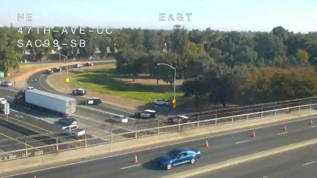 Law enforcement vehicles are seen on the 47th Avenue offramp to northbound Highway 99 in south Sacramento on Tuesday, Oct. 1, 2024. Authorities have blocked the exit to investigate a suspicious item.