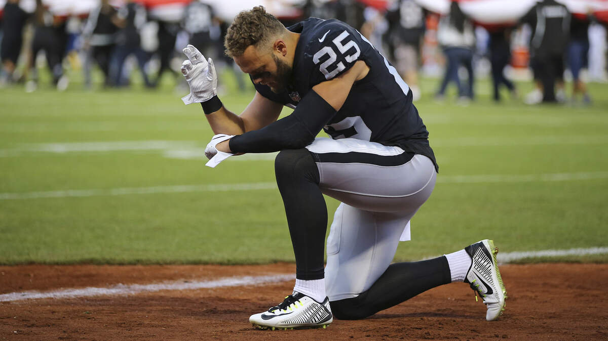 Oakland Raiders defensive back Erik Harris before the start of an NFL football game against the Los Angeles Rams in Oakland, Calif., Monday, Sept. 10, 2018.