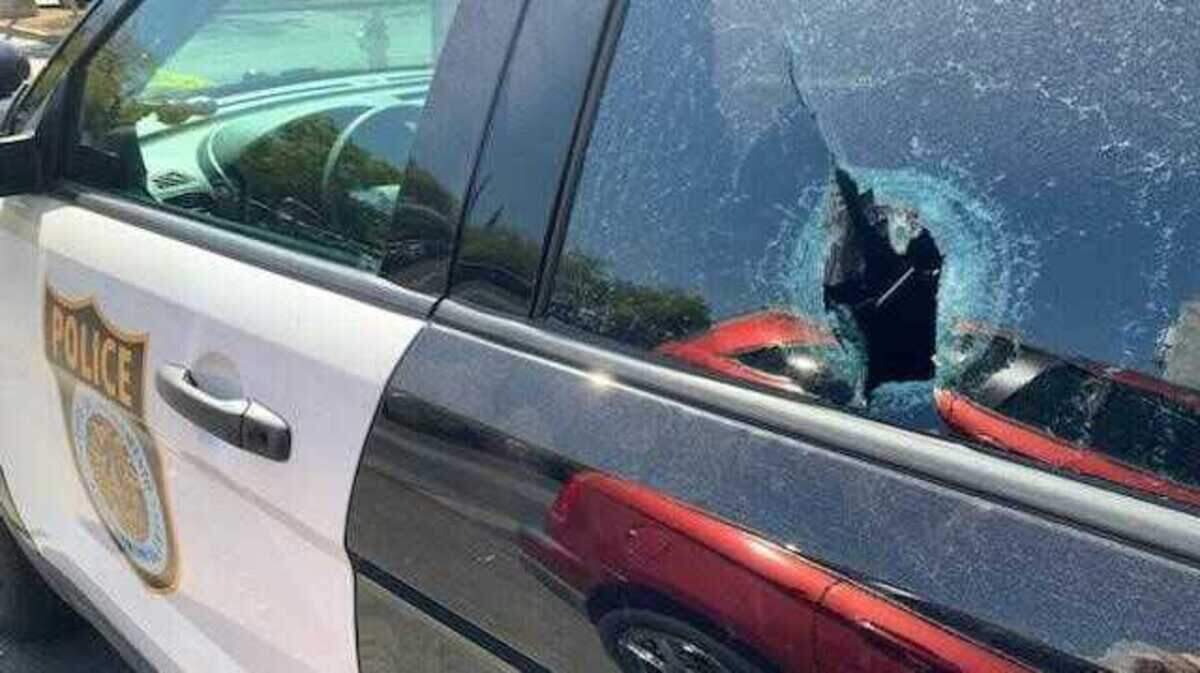 Damage from a gunshot to a police cruiser is seen following an incident on the 1200 block of Rivera Drive in North Sacramento on Tuesday, Aug. 4, 2020. Police say the suspected gunman, Albert Wheeler, is still at large.