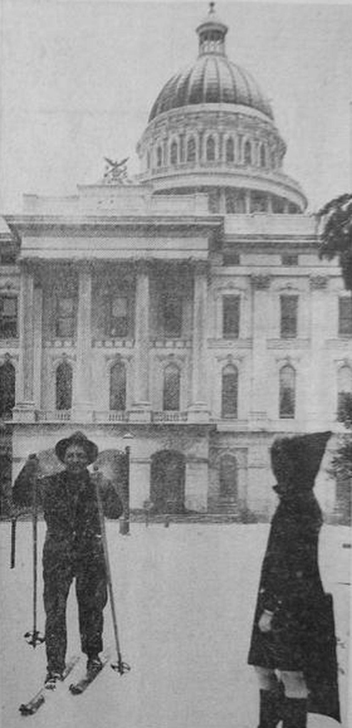 Henri Lappi skis at the state Capitol on March 16, 1942. The storm dropped 2 inches of snow on Sacramento.