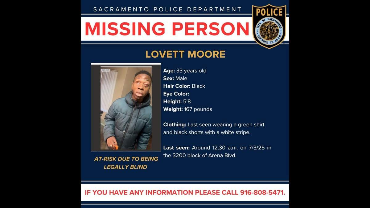 The Sacramento Police Department said Lovett “LJ” Moore went missing, last seen June 28 in the 3200 block of Arena Boulevard. Police initially said Moore was last seen July 3 but have since clarified he went missing five days earlier.