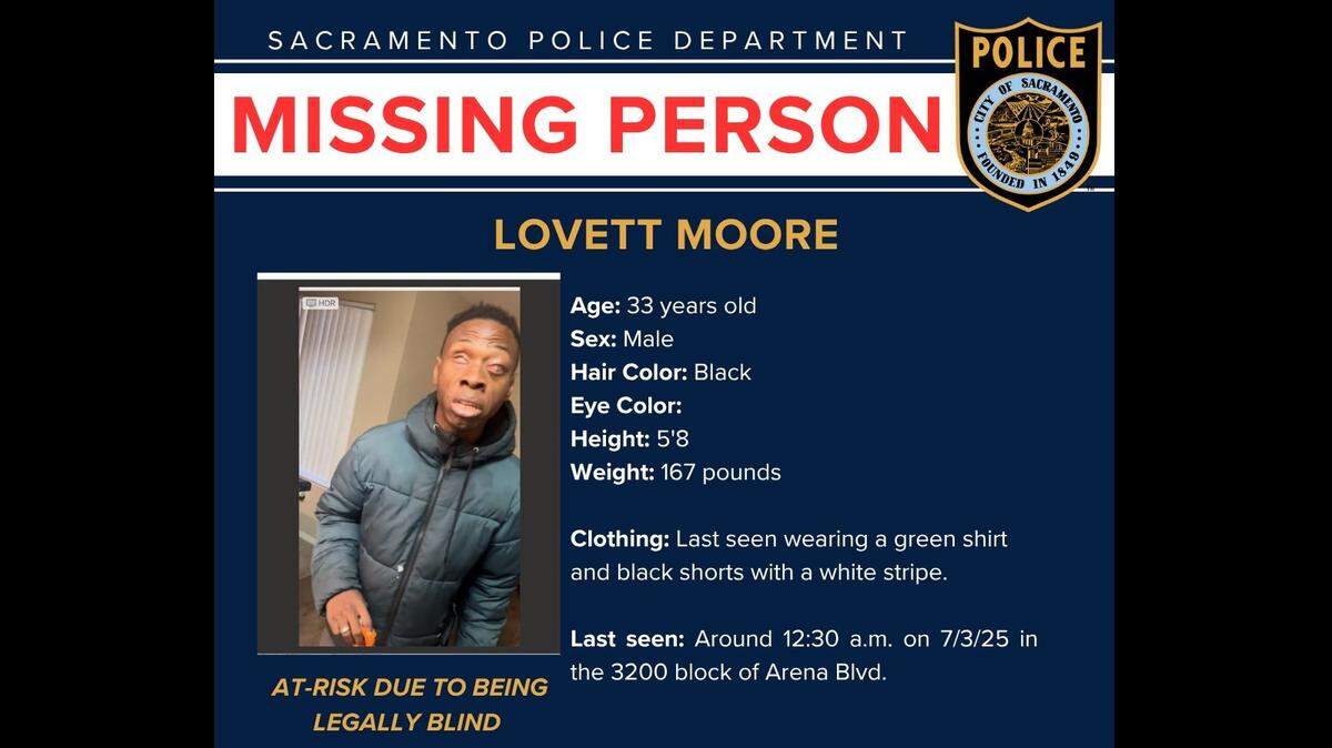 The Sacramento Police Department said Lovett “LJ” Moore went missing, last seen June 28 in the 3200 block of Arena Boulevard. Police initially said Moore was last seen July 3 but have since clarified he went missing five days earlier.