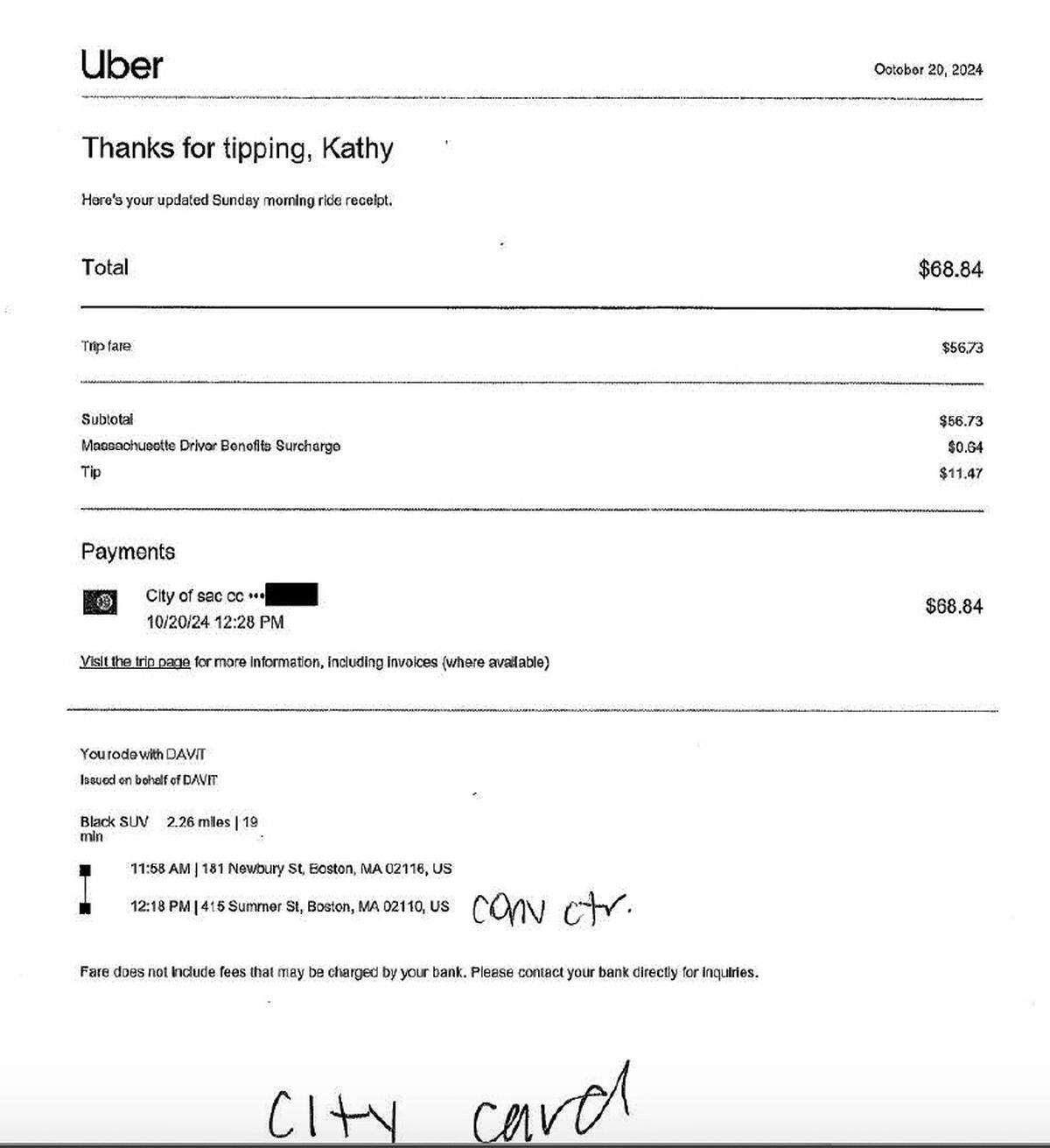 Receipt for Sacramento Police Chief Kathy Lester’s Uber Black expense.