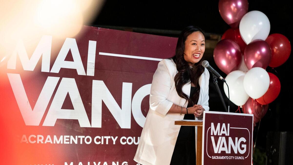 Mai Vang, who is running against Pastor Les Simmons for the District 8 seat on Sacramento City Council, thanks a crowd of family and friends during a watch party Tuesday night, Nov. 3, 2020, in Sacramento’s Meadowview neighborhood.