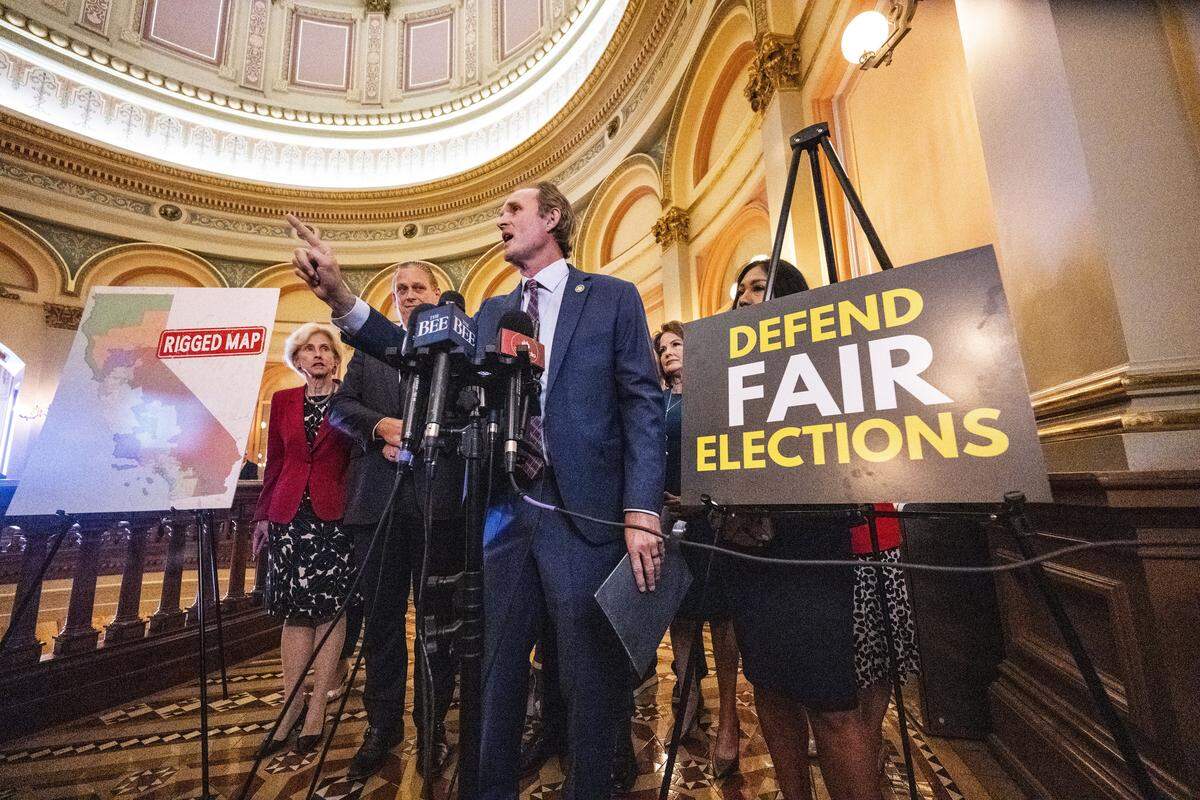 Assembly Republican Leader James Gallagher, R-Yuba City, announces plans on Monday to fight legislation creating a November special election to vote on the Democratic redistricting proposal. 