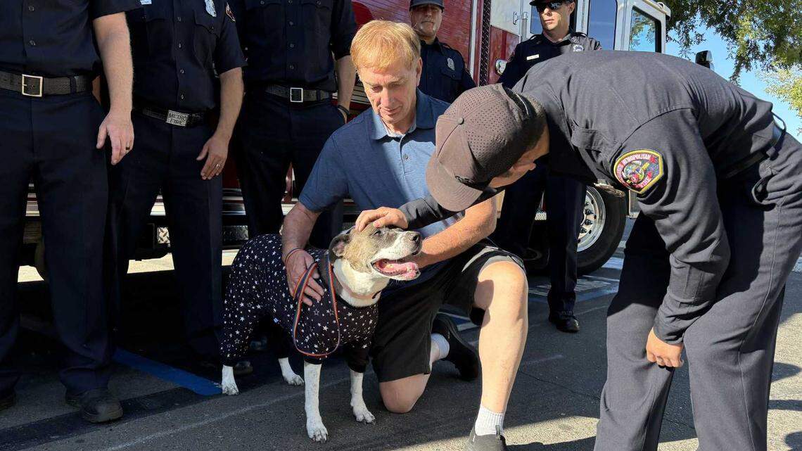 David Hoffman and his 8-year-old pit bull mix, Maya, reunites with members of the Sacramento Metropolitan Fire District on Monday, Sept. 9, 2024, at Veterinary Specialty Hospital in Roseville, which covered the cost of her care.