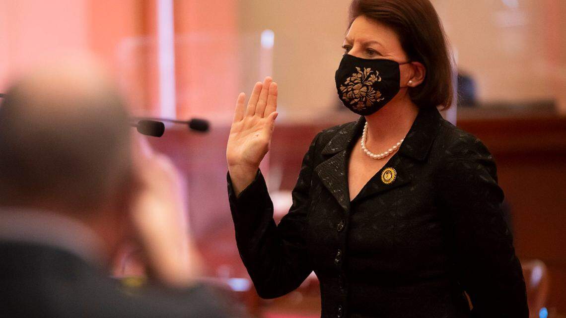 Toni Atkins, D-San Diego, is sworn in as California Senate President Pro Tempore during the opening of the Legislature’s 2021-22 session at the state Capitol on Monday, Dec. 7, 2020 in Sacramento.