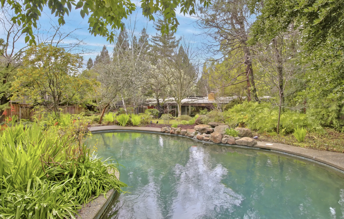 A big swimming pool is surrounded by park-like setting.