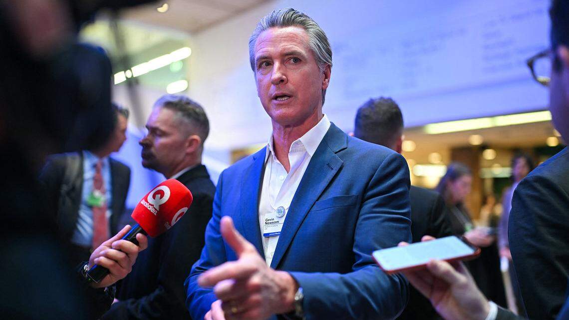 California Gov. Gavin Newsom speaks to the press on the sidelines of the World Economic Forum annual meeting in Davos, Switzerland, on Tuesday, Jan. 20, 2026. 