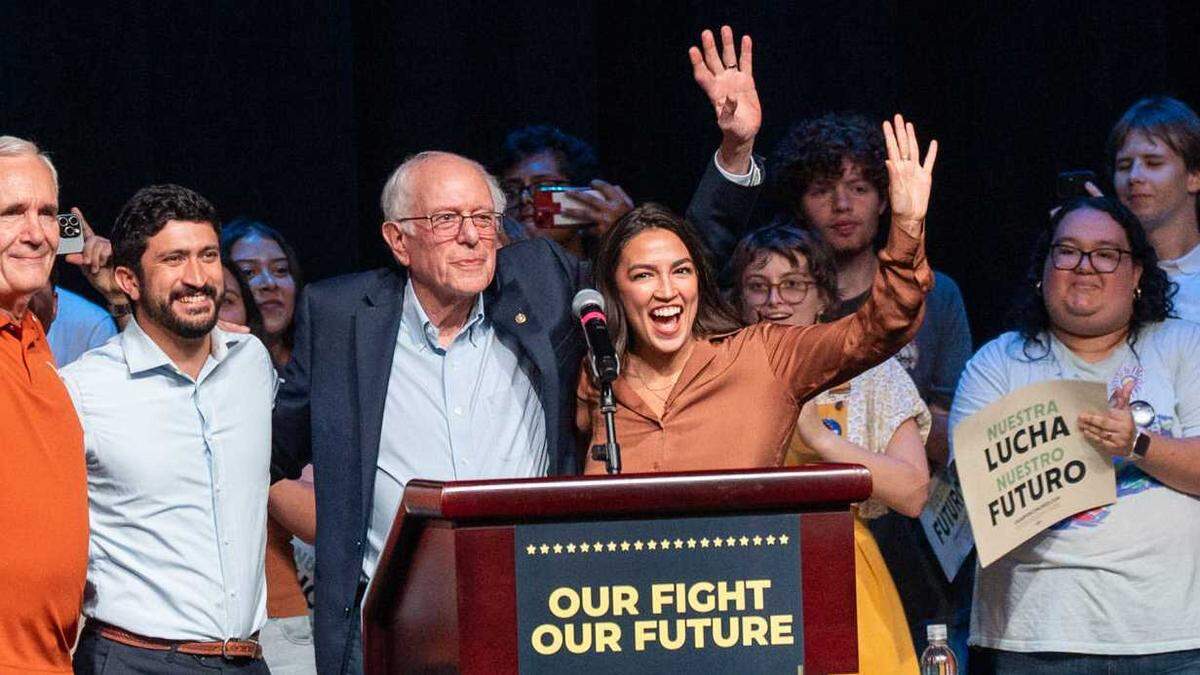 U.S Sen. Bernie Sanders, I-Vermont, and Rep. Alexandria Ocasio-Cortez, D-New York, wave to the crowd during an October rally in Austin. The Democratic politicians will speak Monday at Nampa’s Ford Center as part of their “Fighting Oligarchy” tour.