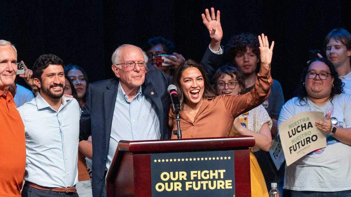 U.S Sen. Bernie Sanders, I-Vermont, and Rep. Alexandria Ocasio-Cortez, D-New York, wave to the crowd during an October rally in Austin, Texas. The Democratic politicians will speak Monday at Nampa’s Ford Center as part of their “Fighting Oligarchy” tour.