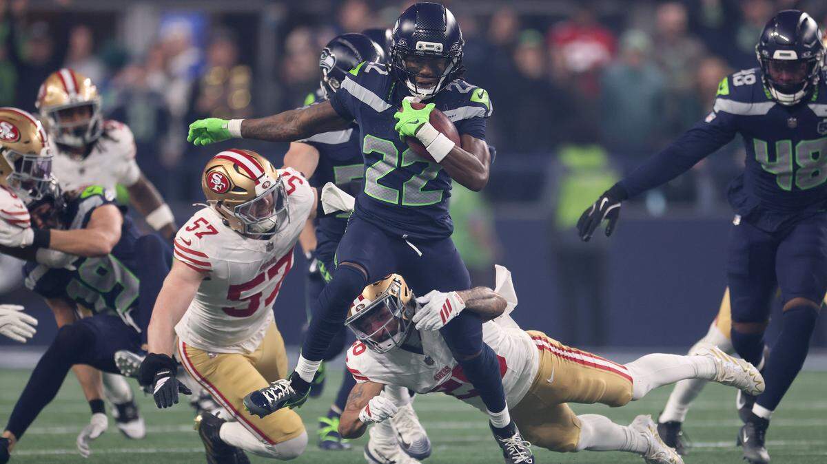 SEATTLE, WASHINGTON - JANUARY 17: Rashid Shaheed #22 of the Seattle Seahawks returns the opening kickoff for a touchdown during the first quarter against the San Francisco 49ers in the NFC Divisional Playoff game at Lumen Field on January 17, 2026 in Seattle, Washington. (Photo by Sean M. Haffey/Getty Images)