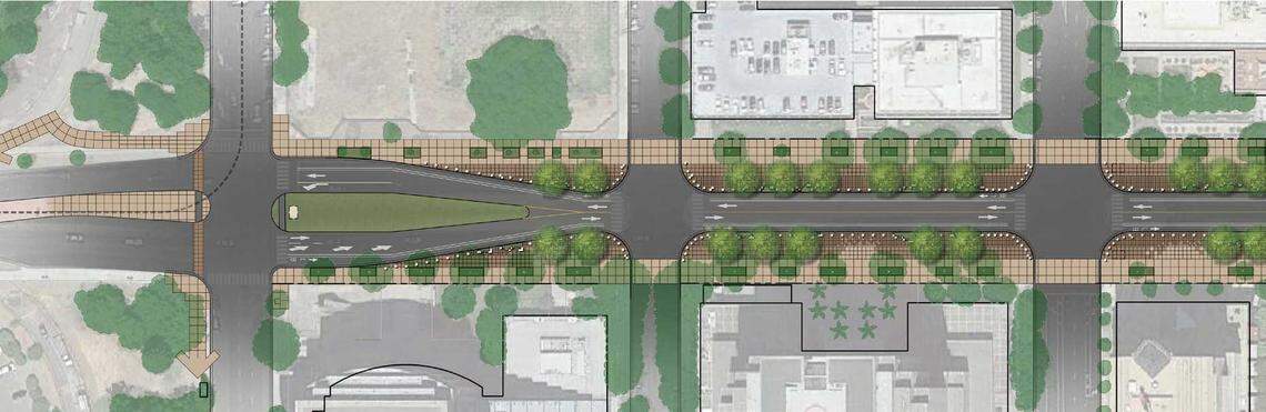 An early rendering of the Capitol Mall transformation shows the changes to the roadway, which will be reduced from four lanes of traffic to two and be switched to run through the middle of the mall.