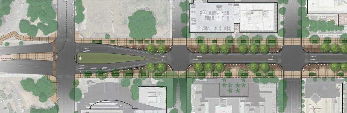 An early rendering of the Capitol Mall transformation shows the changes to the roadway, which will be reduced from four lanes of traffic to two and be switched to run through the middle of the mall.