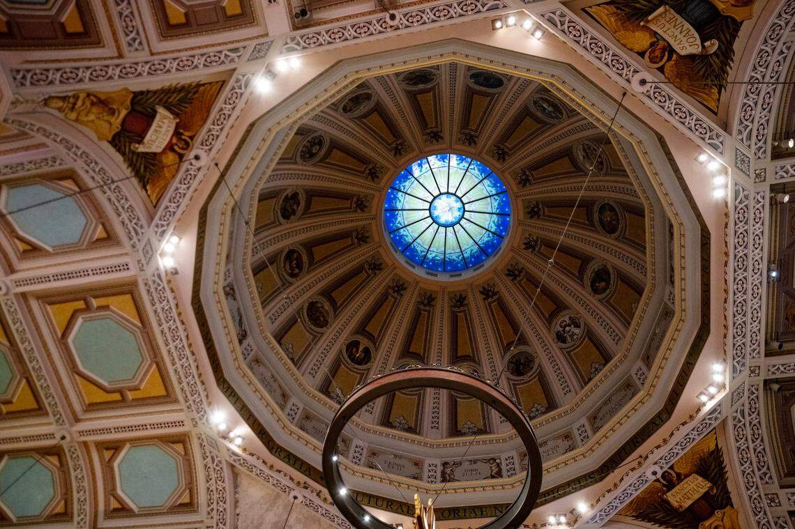 The dome of the Cathedral of the Blessed Sacramento is viewed from inside the downtown Sacramento cathedral in Sacramento. Sealed off for decades because of acoustic reasons, its interior was reconstructed during a remodel in the 2000s. The images inside the dome depict images from the New Testament, the Old Testament, and the Book of Revelations.