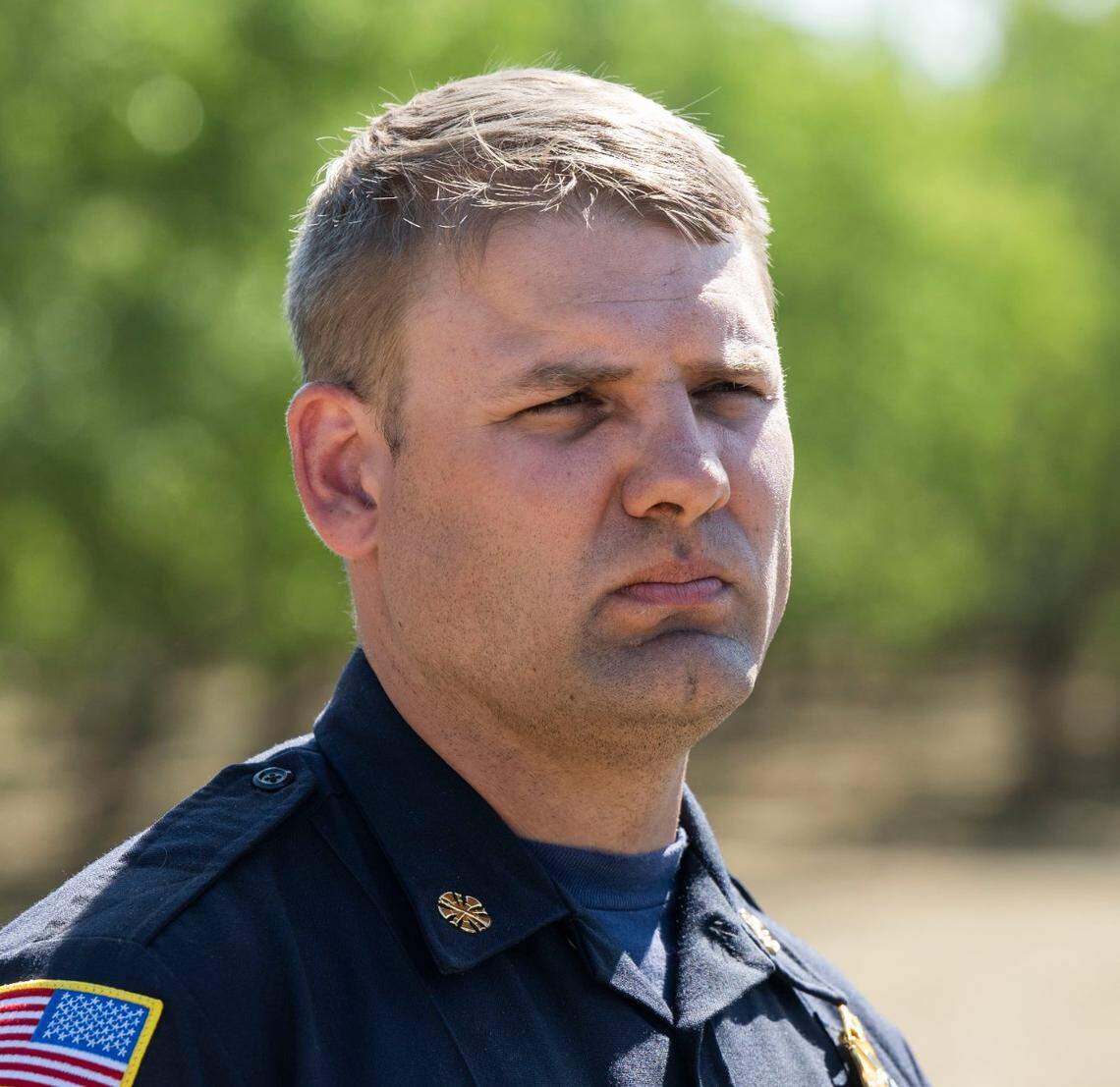 Curtis Lawrence, Esparto Fire Chief, listens to questions during an Esparto pyrotechnics compound fire press conference on Monday, July 7, 2025.