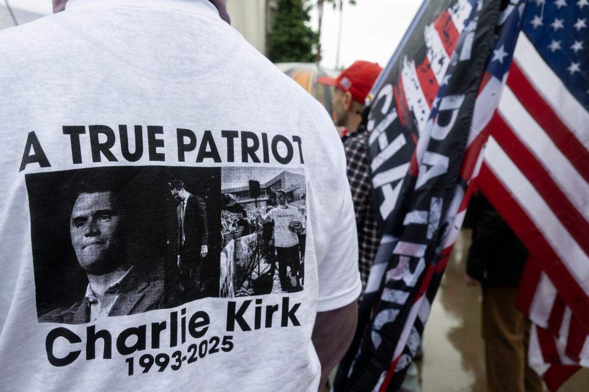 Shawn Cooper of Folsom wears a T-shirt in memory of slain conservative activist Charlie Kirk during a memorial event marking his birthday at the state Capitol in Sacramento on Tuesday.