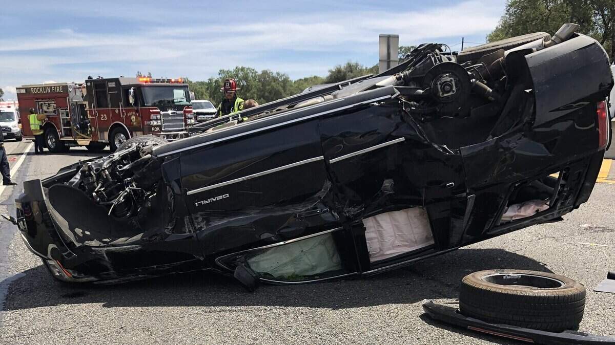 Three vehicles ended up oveturned after a collision Wednesday, June 10, 2020, on westbound Interstate 80 near Rocklin Road.